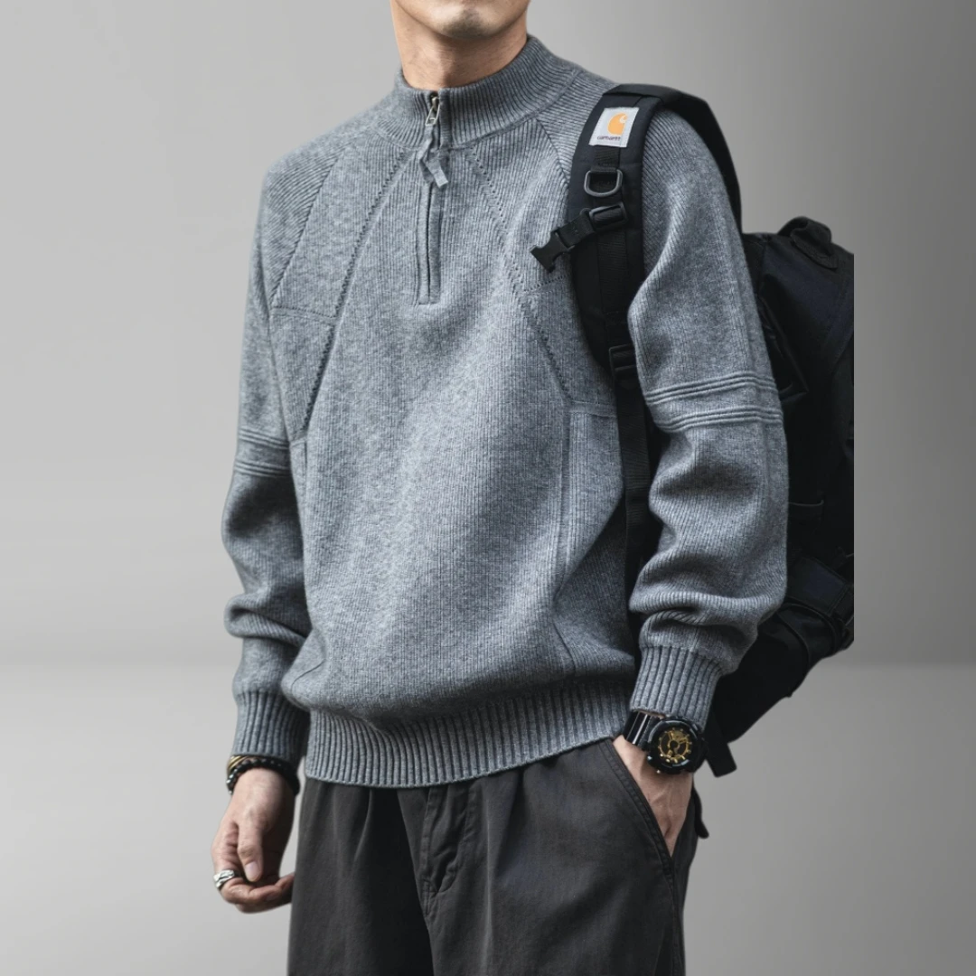 Mens Quarter Zip Sweater American Vintage Oversized Knit Pullover Fall Winter Thermal Warm Loose Fit Solid Color Workwear