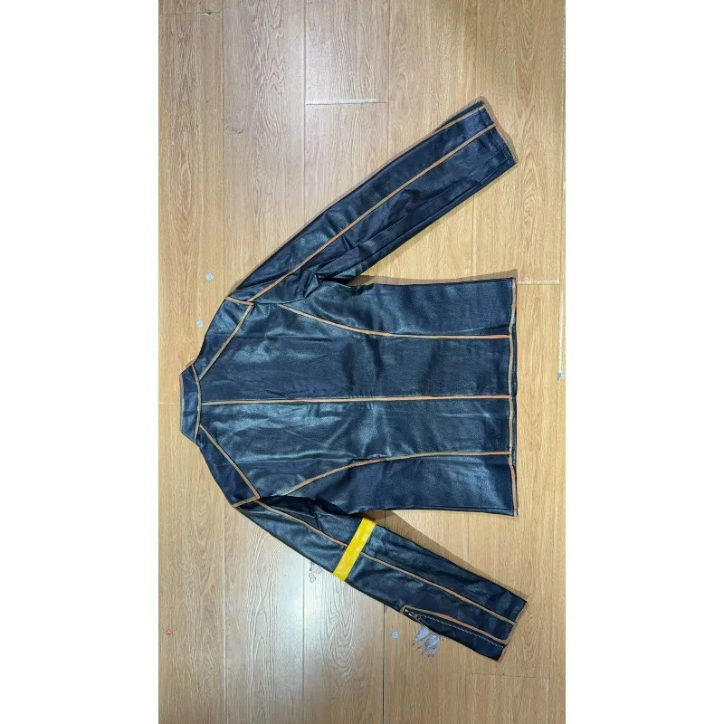 KIDWHXR Herbst Herrenjacke Motorrad Punk Stehkragen Reißverschluss Lederjacke Slim Fit Langarm Winddichte Oberbekleidung für Männer – Detail 8