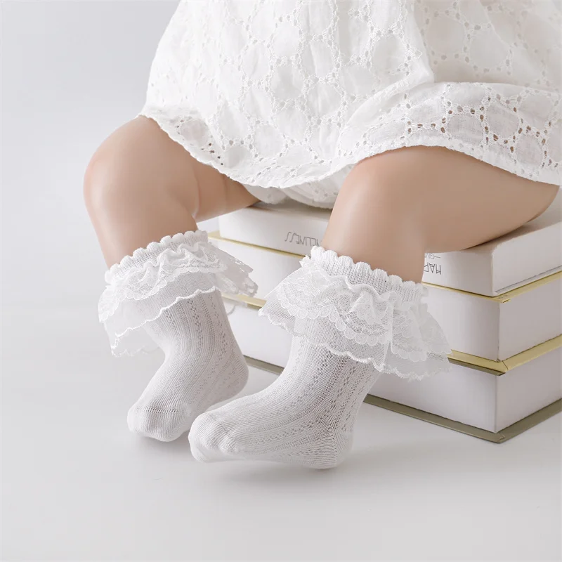 Lawadka-Chaussettes à volants en dentelle pour bébés filles, chaussettes d\'été fines pour tout-petits, chaussettes de princesse blanches pour