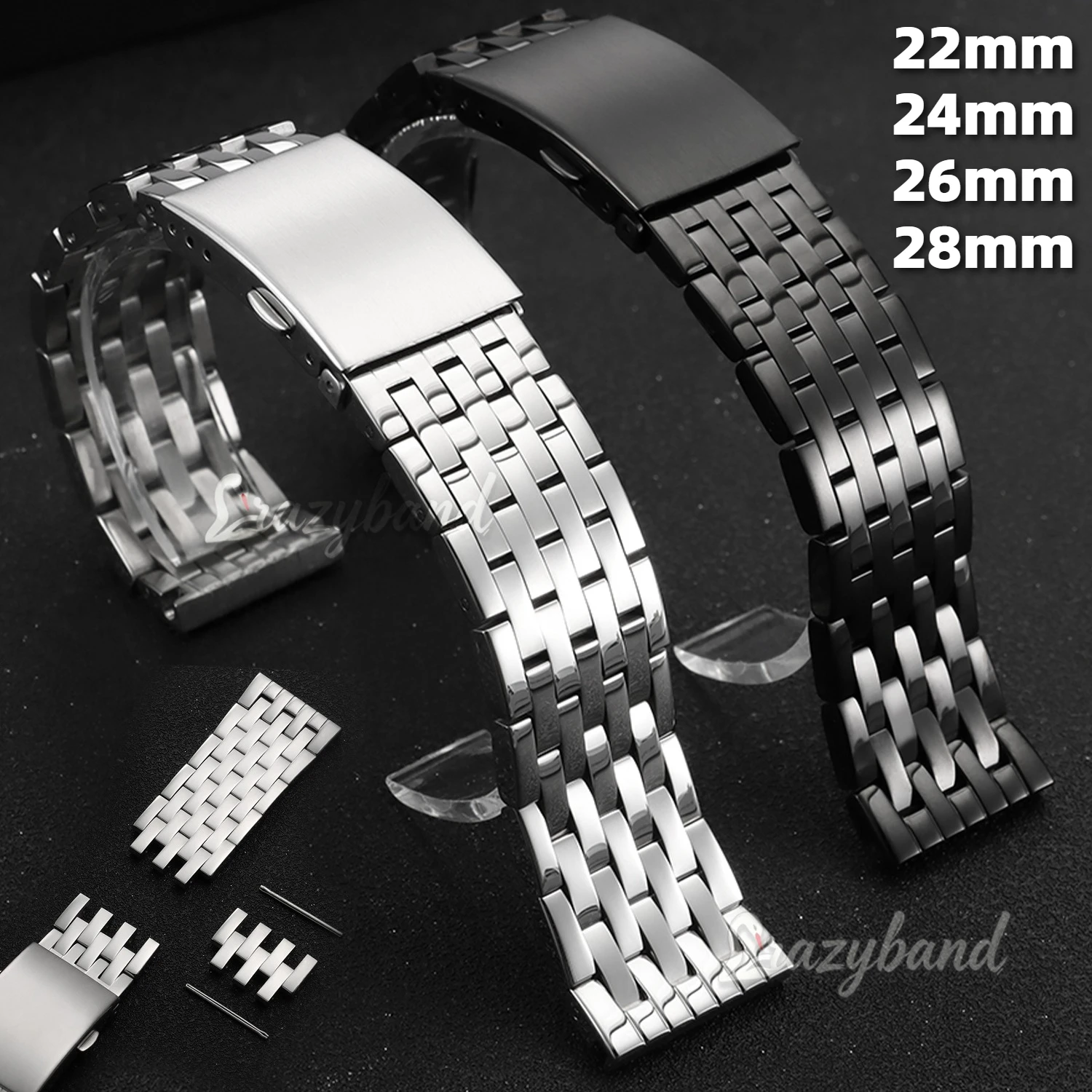 Massives Edelstahl-Uhrenarmband, 22 mm, 24 mm, 26 mm, 28 mm, 30 mm, universelles Band, Metall-Faltschließe für Damen und Herren, Uhrenarmband-Zubehör