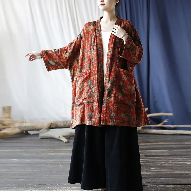 

Autumn Cotton Linen Print Loose Edition Trench Coat For Women Retro Fashion Unbuttoned Cardigan Kimono Coat Medium Length Pocket