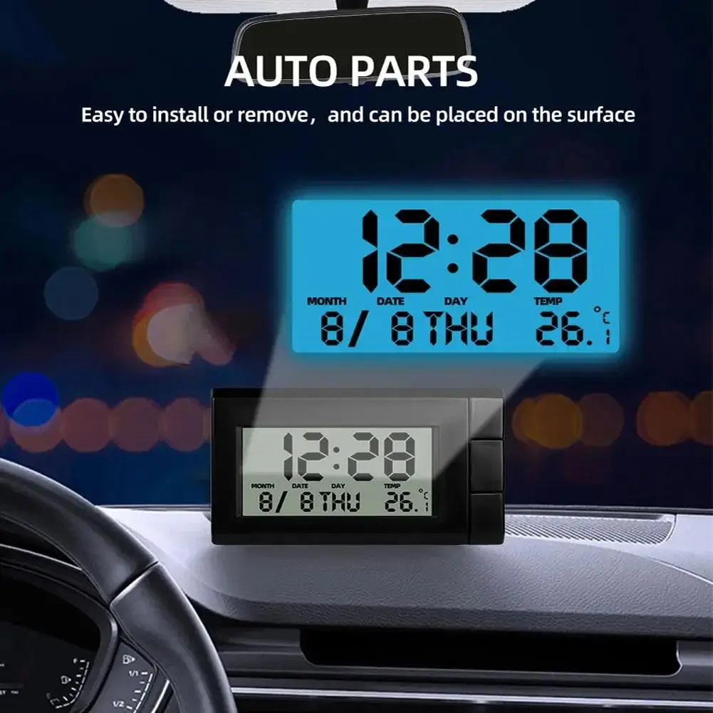 Car LCD Digital Display Clock Auto Watch Thermometer Car Electronic Clock Ornaments Self-Adhesive Display Temperature H4W7