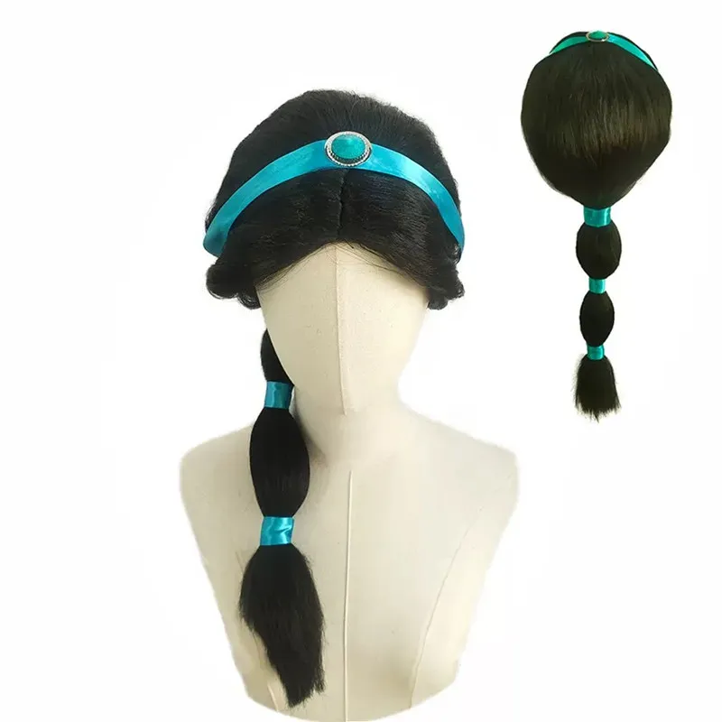 Peluca larga de jazmín negro para niñas, disfraz de Aladino, accesorio para el cabello para fiesta de Halloween, tocado de vacaciones para niñas, regalo