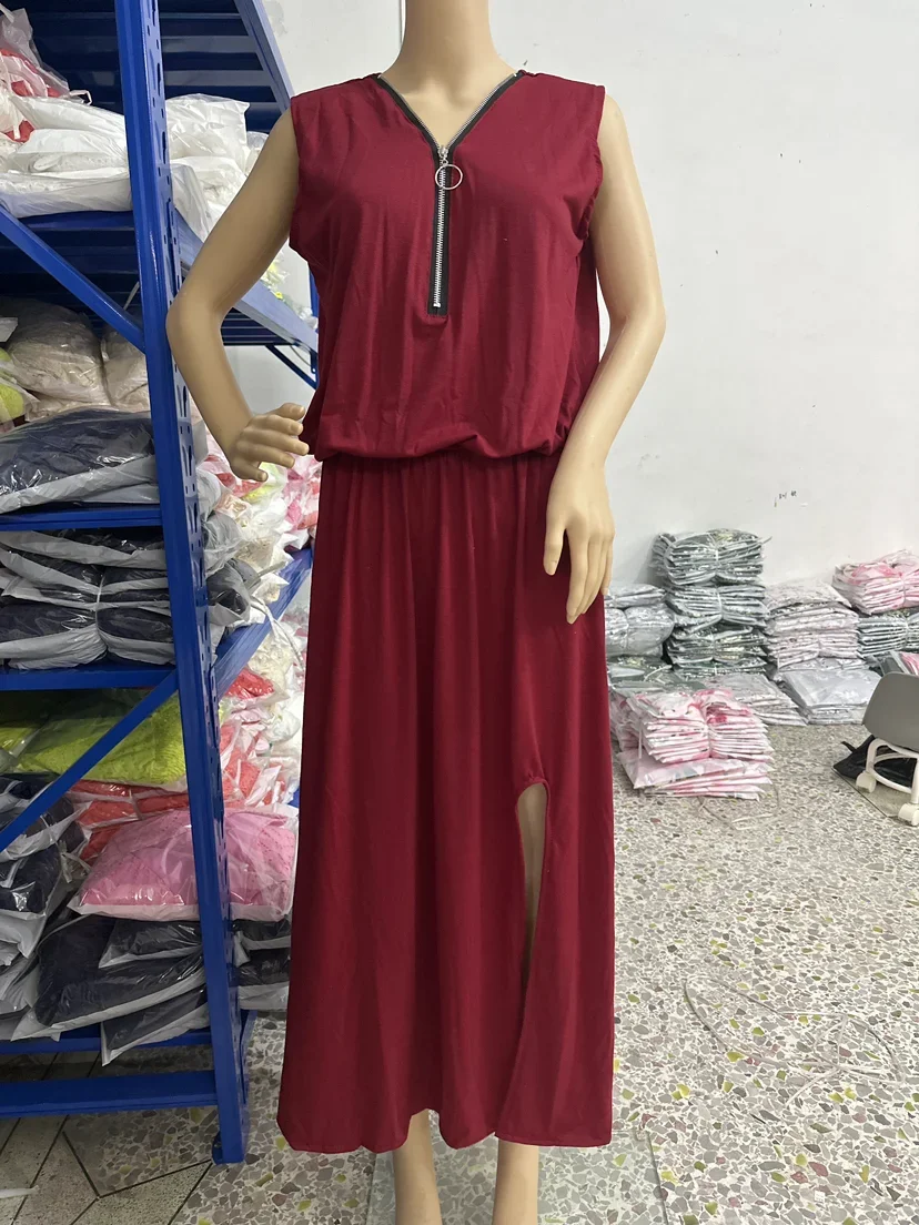 女性の夏の休日固体マキシドレスジッパーアップ V ネックノースリーブポケットフロントスプリット自由奔放に生きるビーチミディドレスカジュアルローブ Vestido