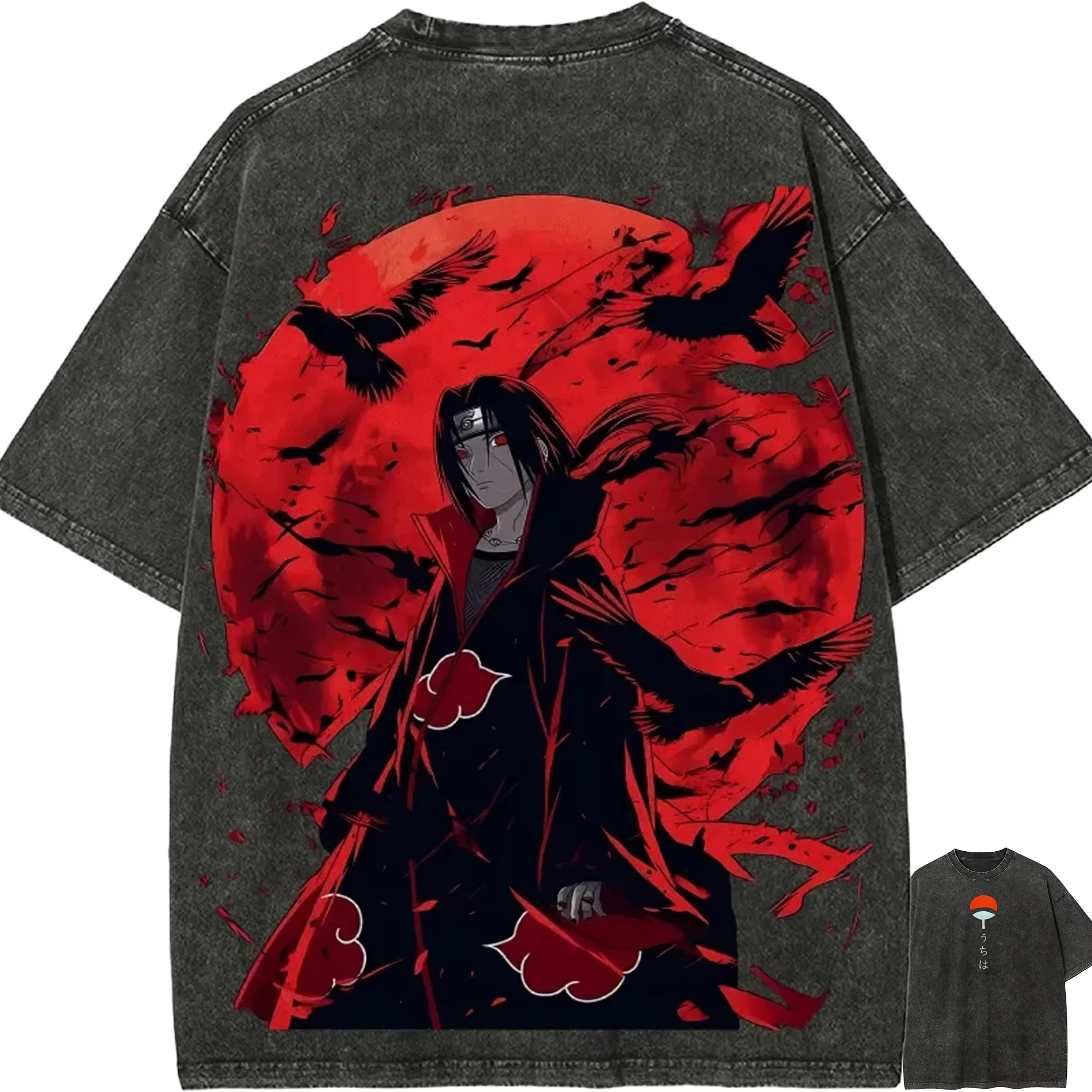 

Футболка Itachi Uchiha Naruto мужская, с эффектом кислотной стирки, с аниме-графикой, хлопковая, уличная одежда, Akatsuki Red Moon Crow, винтажная футболка-топ