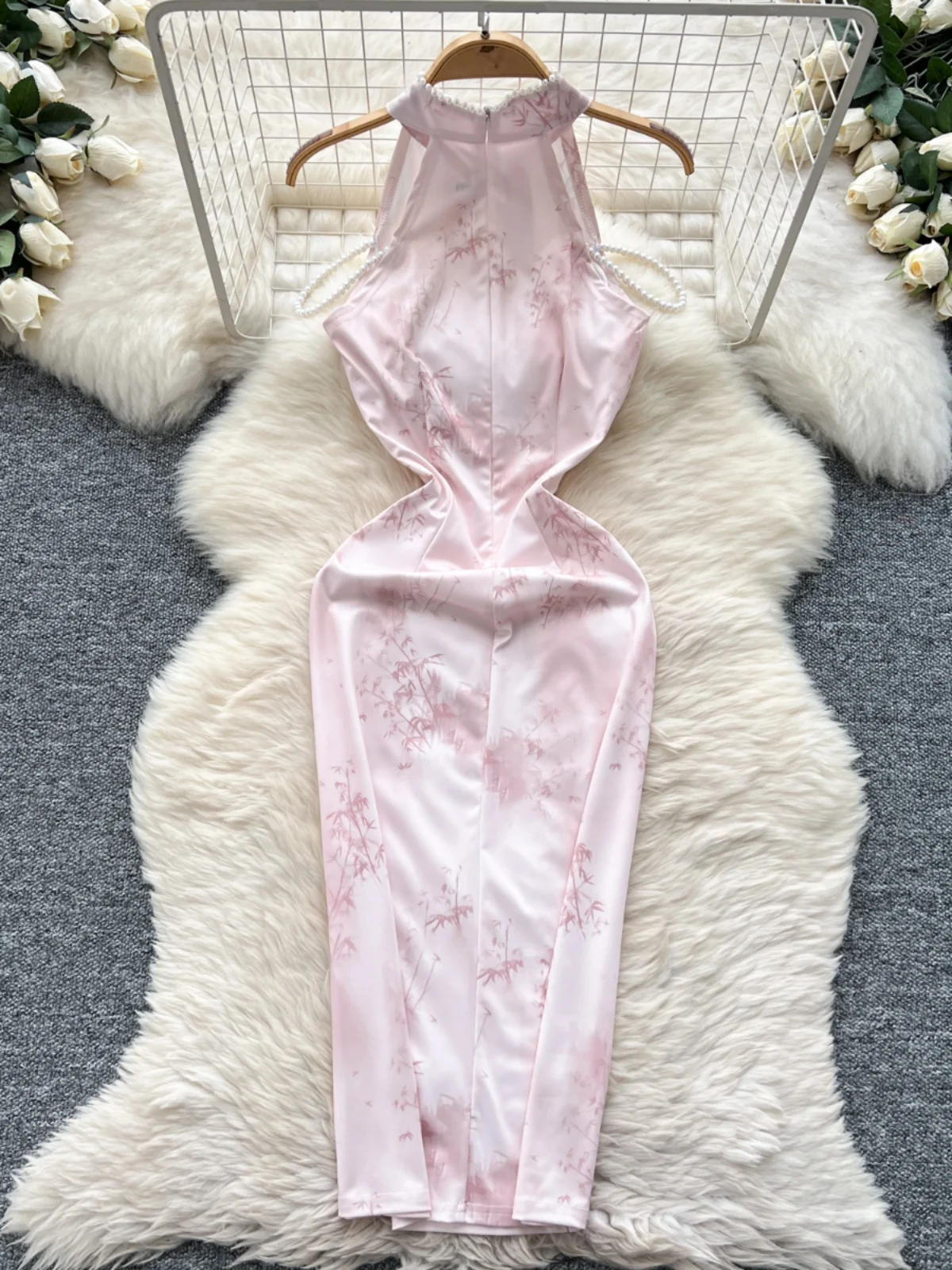 Ele Retro Chinesisches Design Dr Damen Svel Bedrucktes A-Linien-Midi-Kleid mit hoher Taille und Schlitzen Pendeln Koreanisches Sle