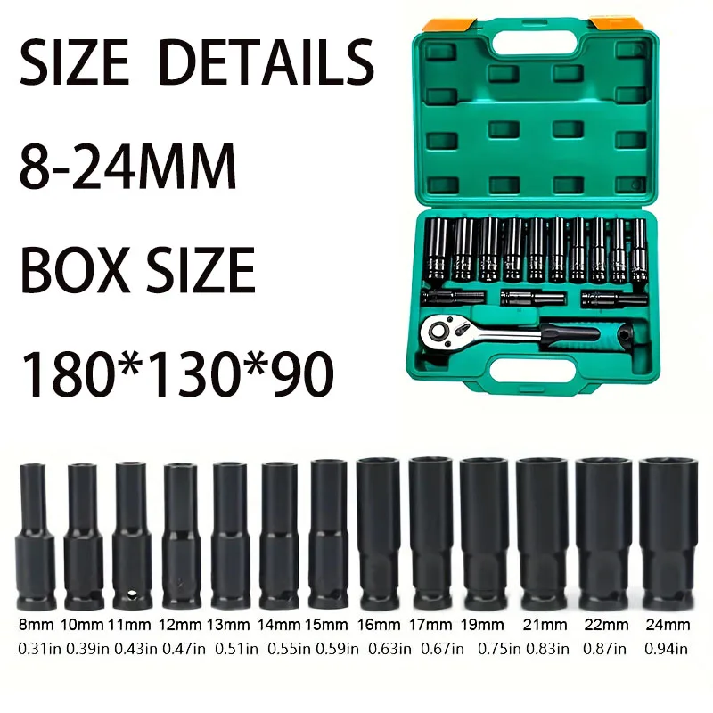 14 Pieces of 1/2 Inch 8-24mm Electric Socket Tools, Impact Wrench Adapters, Manual Tool Sockets