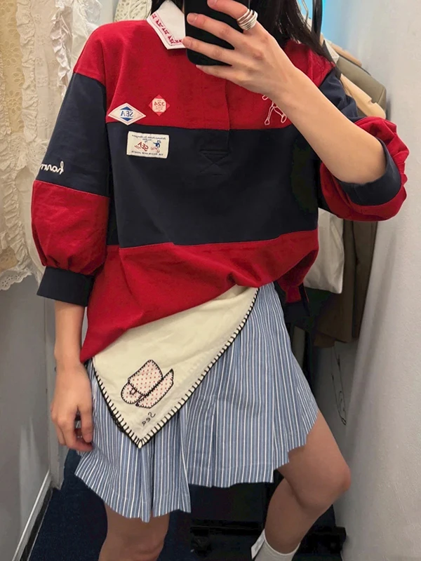 

Футболка Neutral Bubble Sve Ne, красная, синяя, в стиле пэчворк, ретро, регби, ранняя осень, 2025 г., хлопок, 00% свободного кроя, обычная длина