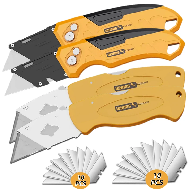 WYNN'S 4-Pack Heavy Duty Folding Utility Knives Set Quick Change Retractable Blades Includes 20 Extra Blades for Cartons & Boxes 