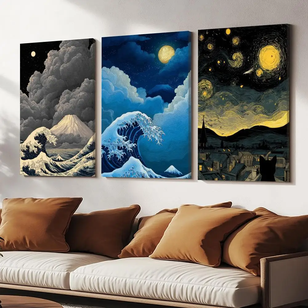 Japandi style Moonlit Waves Framed Wall Painting HD Canvas Wall Art | Optional Framed/Unframed | Modern Entryway Home Decor