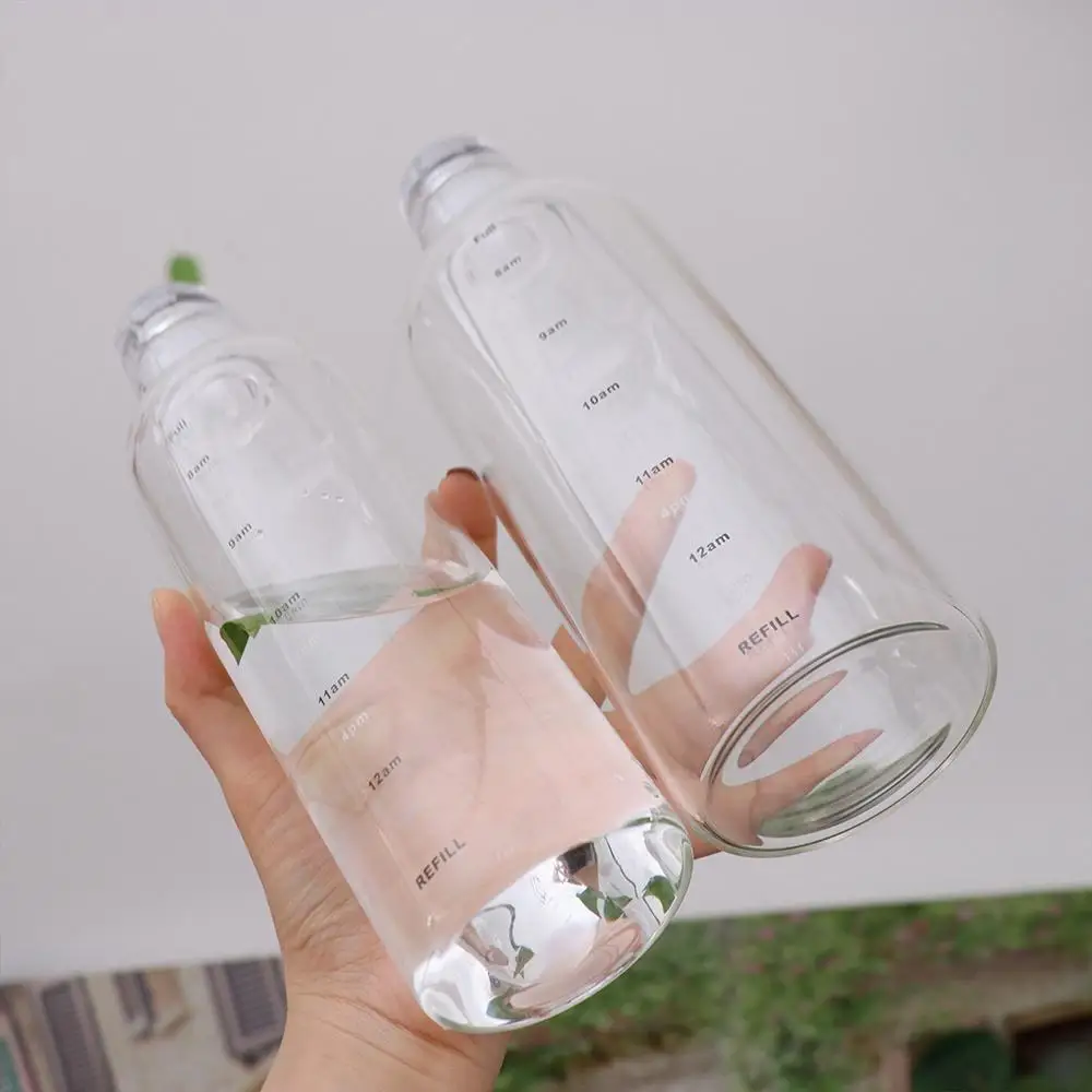 Botella de vidrio de gran capacidad con marcador de tiempo, tapa transparente para bebidas de agua, leche, jugo, taza Simple, regalo de cumpleaños, 500/750ml