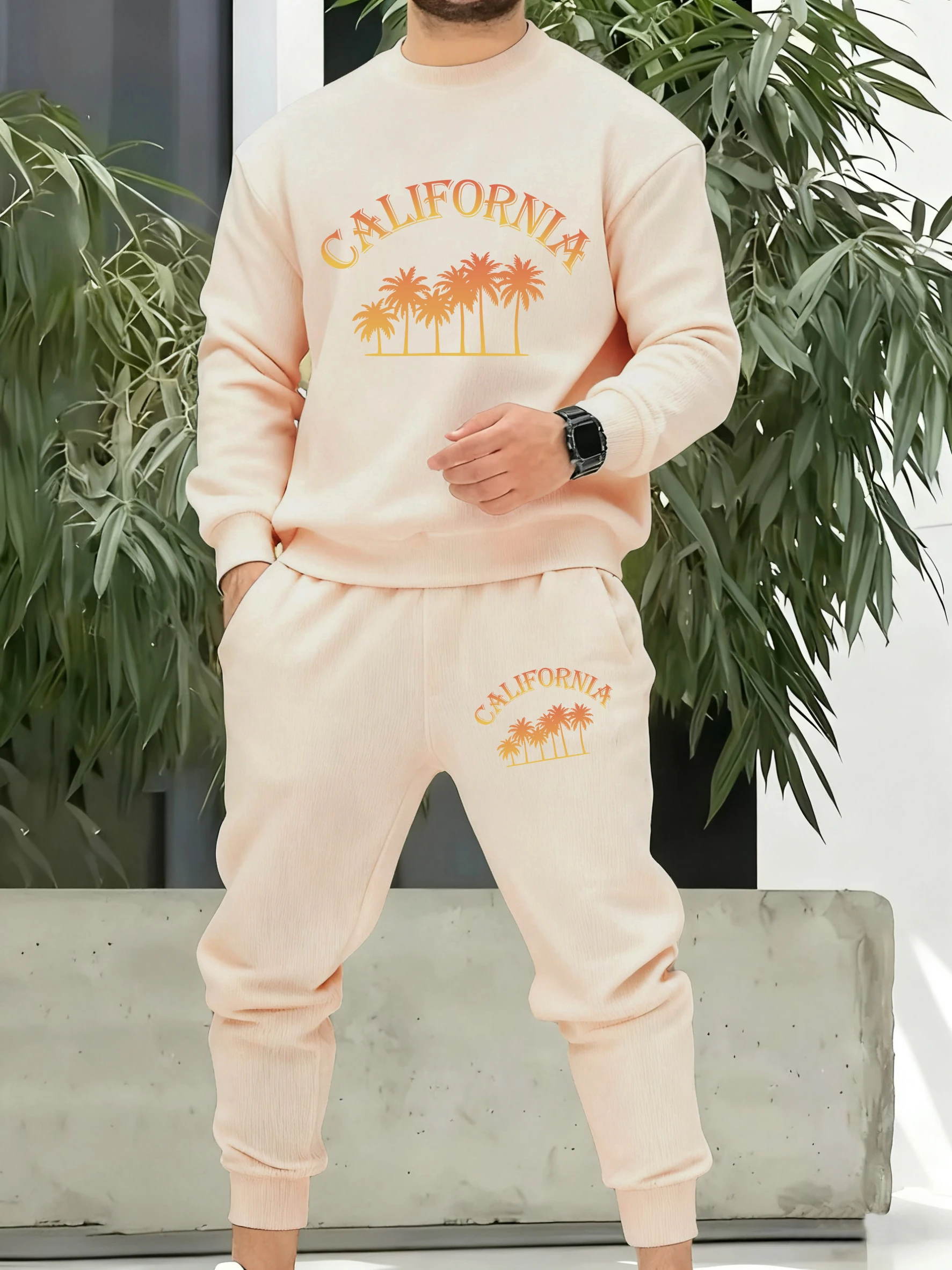 

Мужской спортивный костюм «Кокосовые пальмы в Калифорнии», мягкие простые брюки с карманами, универсальные винтажные спортивные костюмы унисекс, осенние флисовые повседневные костюмы