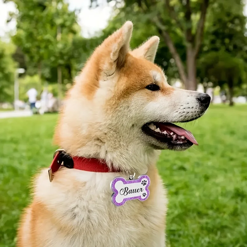 Personalized Glitter Dog Tag Custom Engraved Bone Pet ID Tag Name Phone Number Paw Print Collar Tag for Dogs Cats