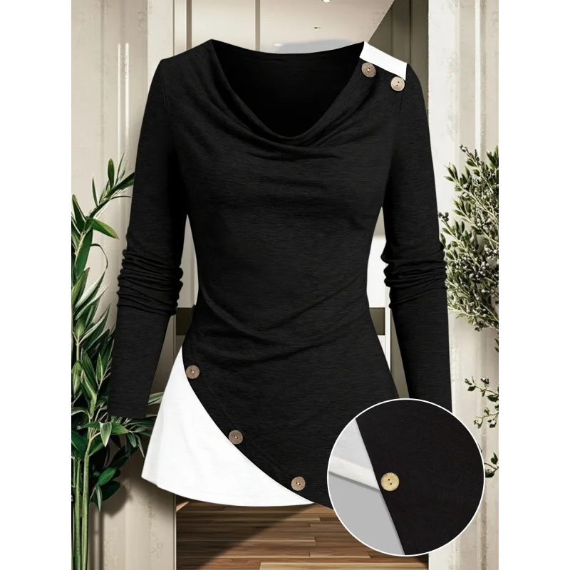 Autumn And Winter Women'S Clothing, Casual Retro Commute, Solid Color, Pullover Color-Blocking Long-Sleeved Swing Collar Asymmet
