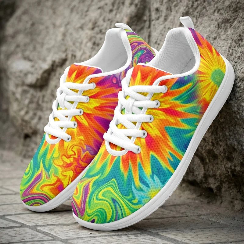 Unisex colorful tie-dye sunflower print casual mesh shoes Lace-up soft-soled breathable lightweight comfortable sneakers Low-top