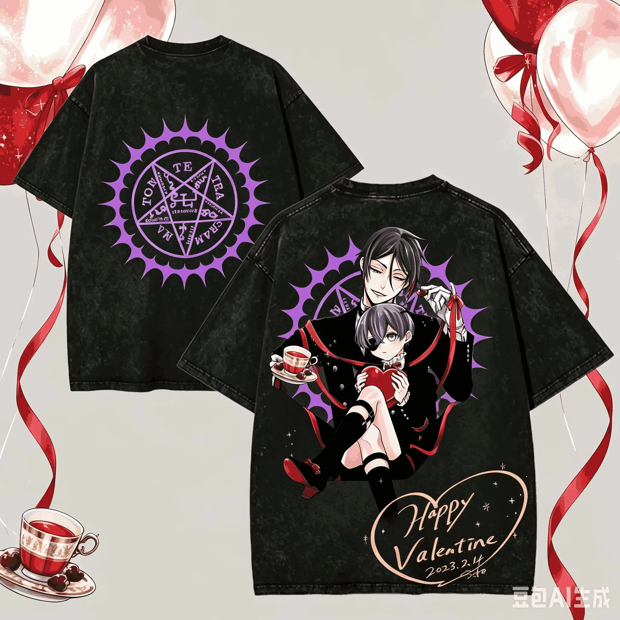 2026 Black Butler Washed T-shirt Anime Lover Harajuku New Model Oversized Vintage Loose Streetwear Classic Unisex Couples Tops