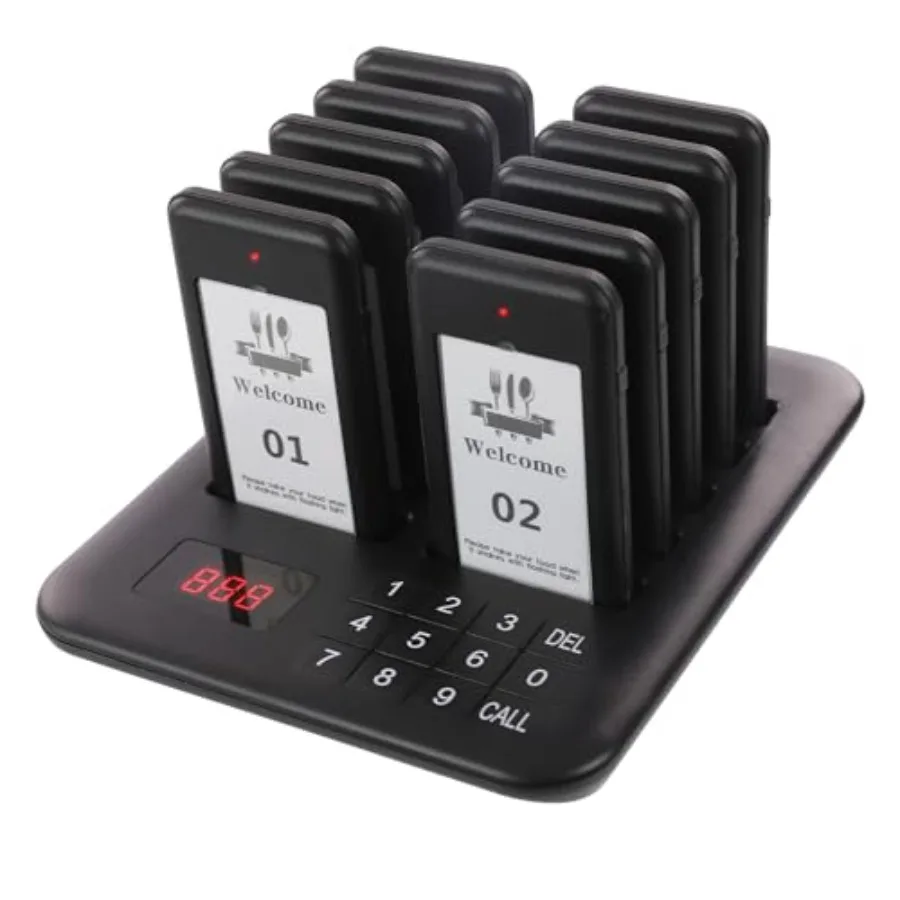Restaurant Pager System 10 Wireless Pagers Touch Keyboard Calling Customers Waiting Beepers with Vibration Flash and Buzzer for