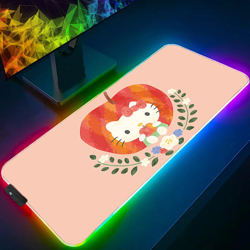 لوحة ماوس LED Hello Kitty Edge White Gamers Decoracion Gamer Desk Mat RGB Mousepad XXL ملحقات الألعاب حصيرة لوحة المفاتيح بإضاءة خلفية #3