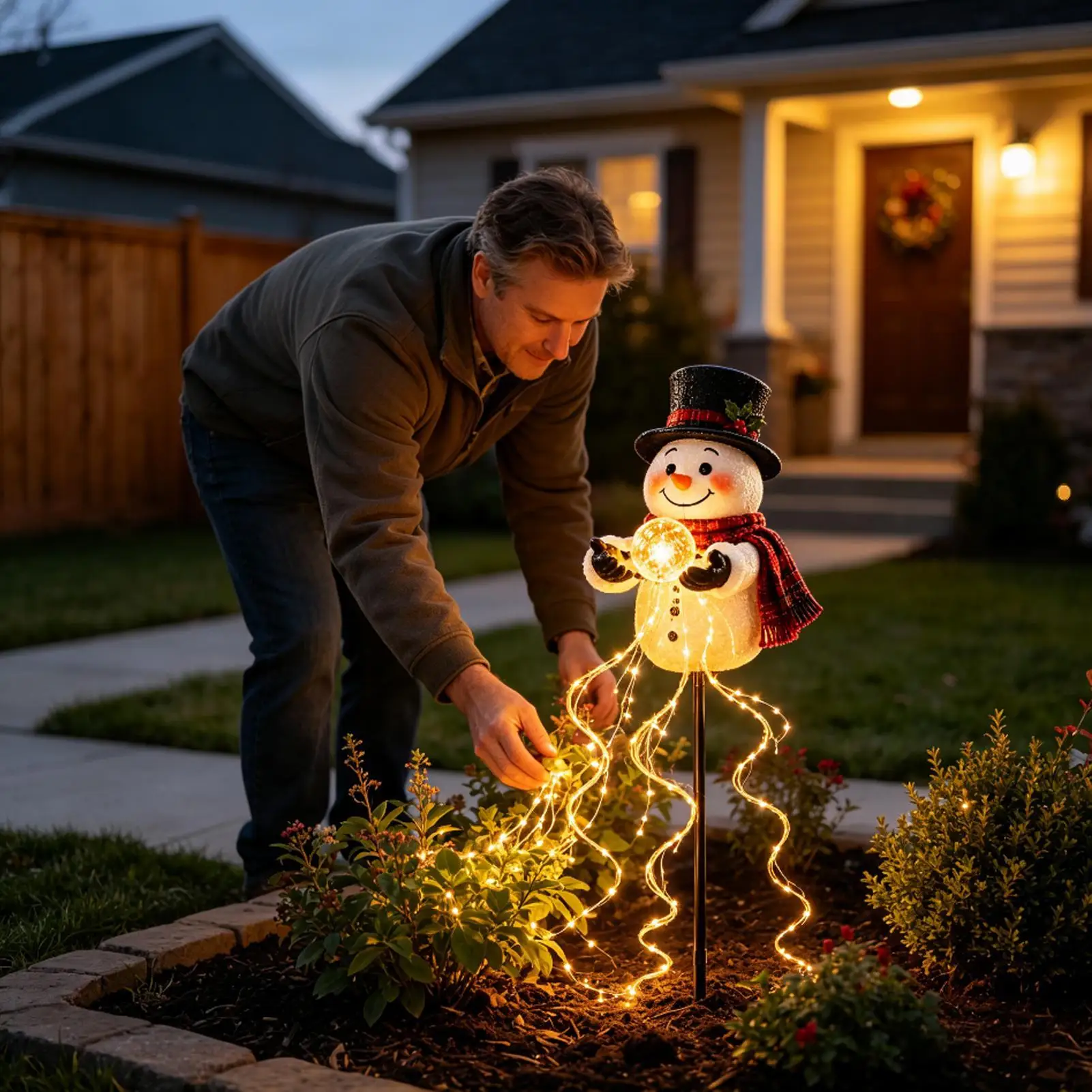 Solar Outdoor Stake Lights Christmas Snowman Shape Pathway Fountain Lighting Solar Pathway Lights With Flowing Snowflake For