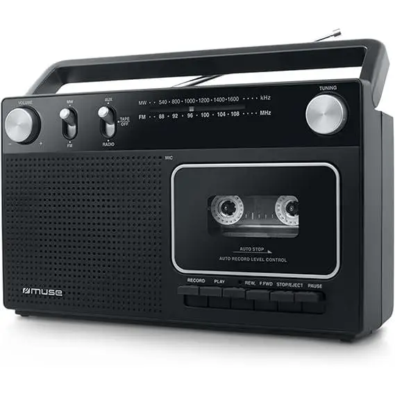 Muse M-152 RC Retro - Grabador de Casetes con Función de Grabación (Radio FM y Am, Entrada Aux, Antena Telescópica), Color Negro