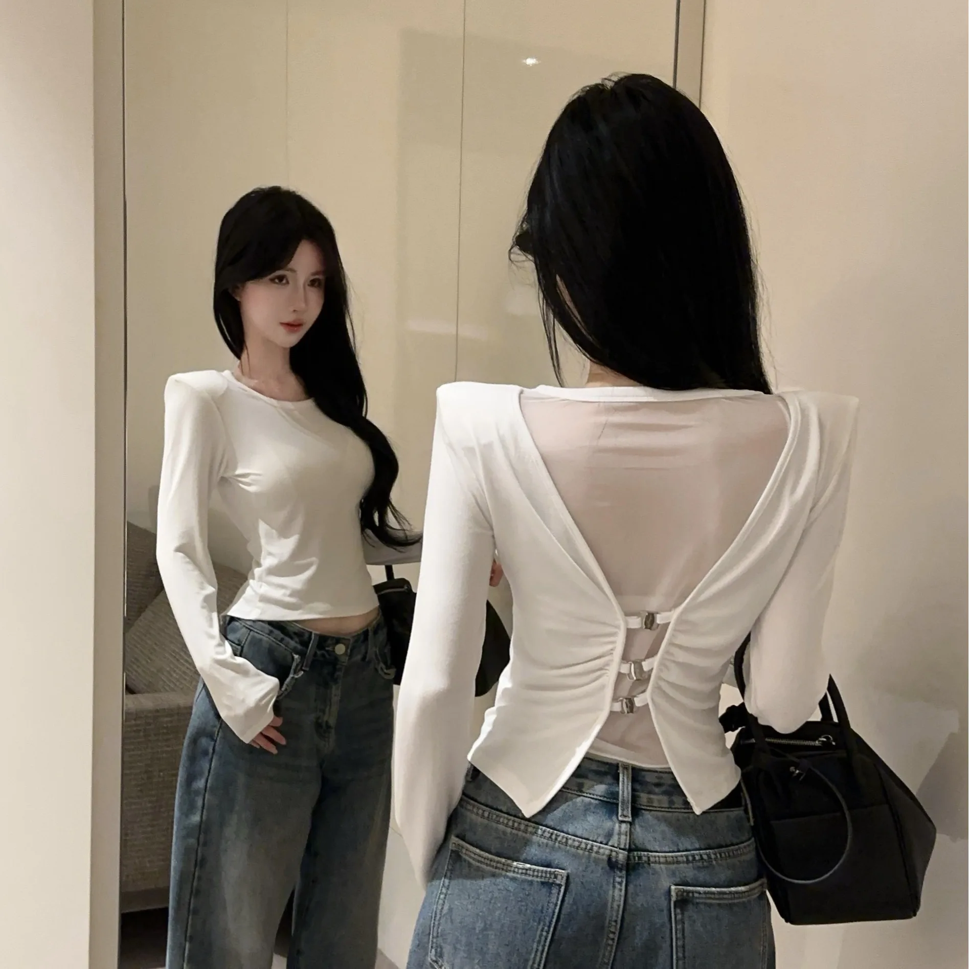 

Женская футболка Slim Fit с сетчатыми вставками и вырезами, с отворотами на плечах, дышащая, с длинным рукавом, повседневный топ