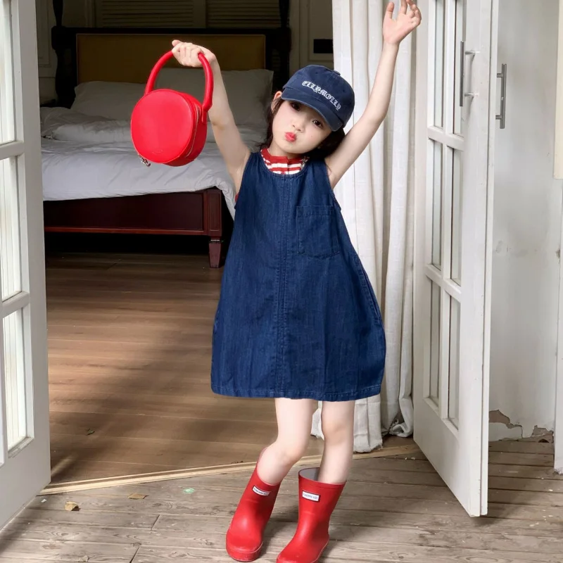 

2026New summer denim vest dress for girls, stylish pocket layered suspender dress for baby girls