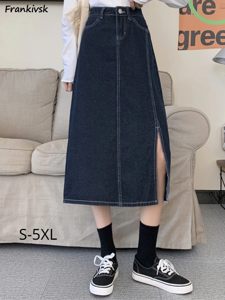 

Denim Skirts Women Commute Daily All-match Mid-calf High Waist Streetwear Autumn Side-slit Solid Soft Korean Style Leisure Slim