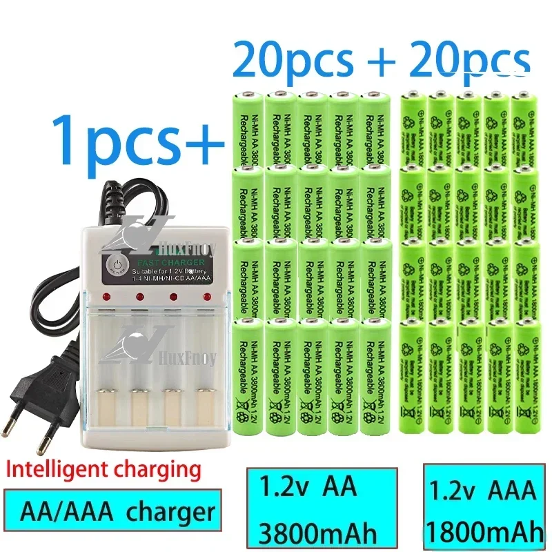 Long Lasting AAA Rechargeable Batteries, 1.2V aaa 1800mAh, 1.2V AA3800mAh  Ni-MH Battery for Microphone and Camera with Charger