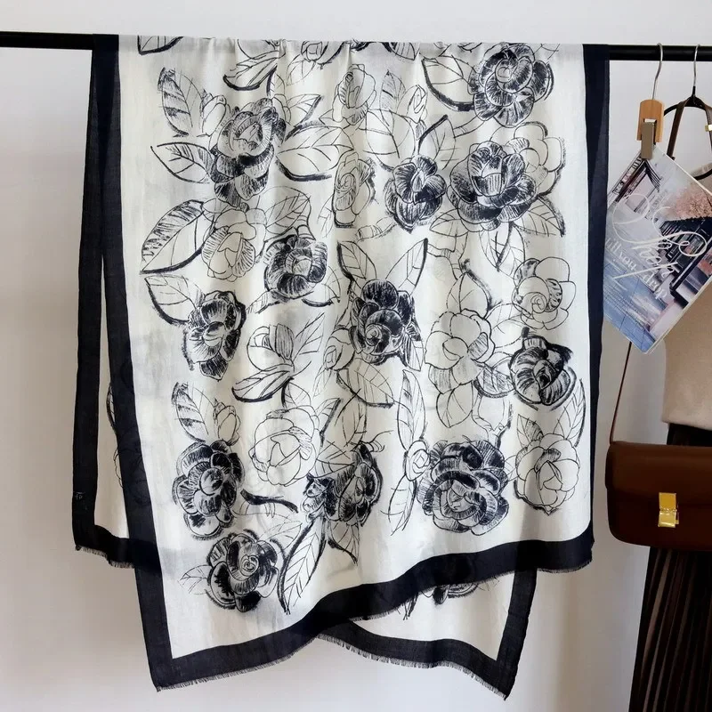 High-end Elegant Women Fine Hand-painted Camellia Print Quality Water Soluble Wool Handmade Fringe Soft Warm Long Scarf Shawl