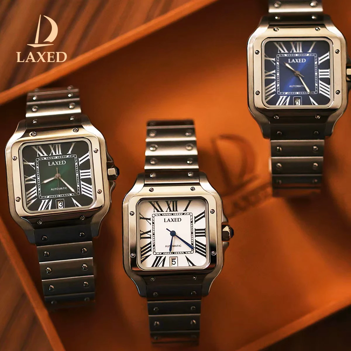 

LAXED Men's Square Automatic Mechanical Watch Roman dial Compatible with Santos series stainless steel waterproof NH35 Movement