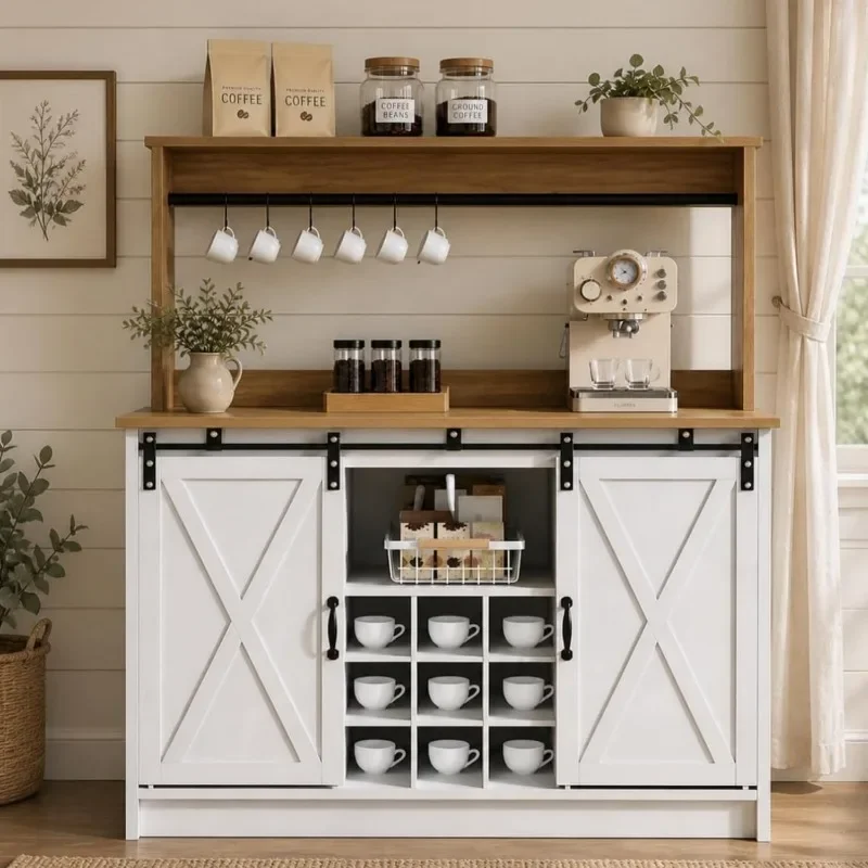 4ever2buy Farmhouse Coffee Bar with Hutch, Coffee Bar with Storage Bar Cabinet with Sliding Barn Door and Adjustable Shelves