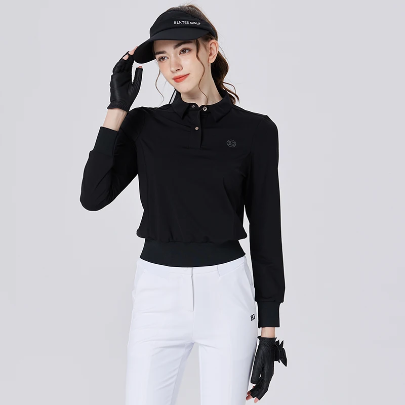 Blktee Golf Wear Women Slim Waist Long Sleeve Short T-Shirt Turn Down Collar Casual Tops Ladies Pullover Autumn Golf Apparel