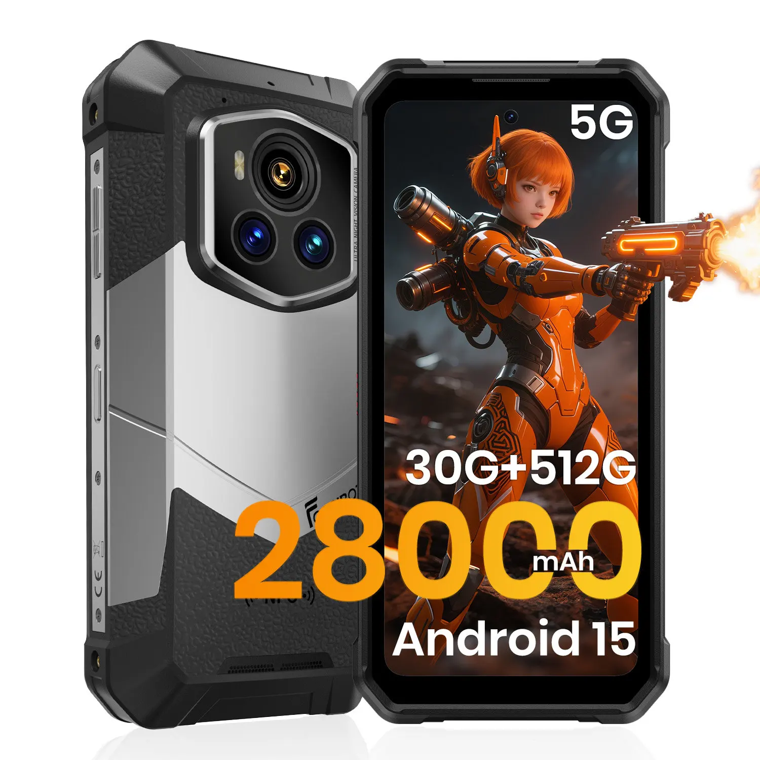 FOSSiBOT F107PRO Rugged Smartphone Infrared Night Vision 28000mAh 66W, 5G mobile phone with 50M Flashlight 12GB+512GB Android 15