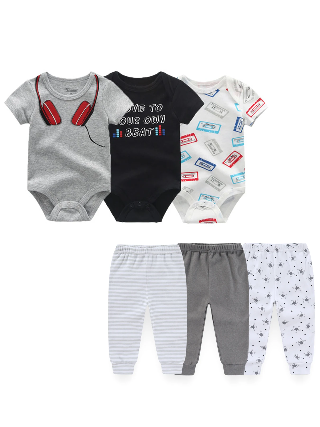 6-Piece Cartoon Cute Unisex Clothing Set Newborn Boys Girls Short Sleeve Bodysuits+Pants Outfits 0-12 Months Onesies Trousers