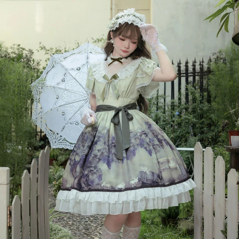 لوليتا نمط Op فستان المرأة عطلة خمر مقوس دانتيل الأرنب العنب طباعة فساتين الأميرة الفتيات تأثيري مساء فستان حفلة حلوة