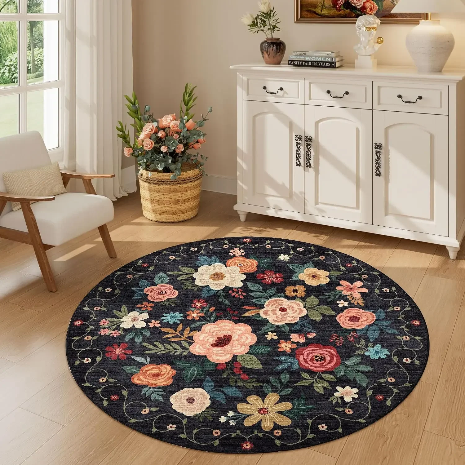Round Floral Area Rug Washable Non Slip Black Small Round Floor Carpet For Living Room Bedroom Kitchen Entryway Home Decor