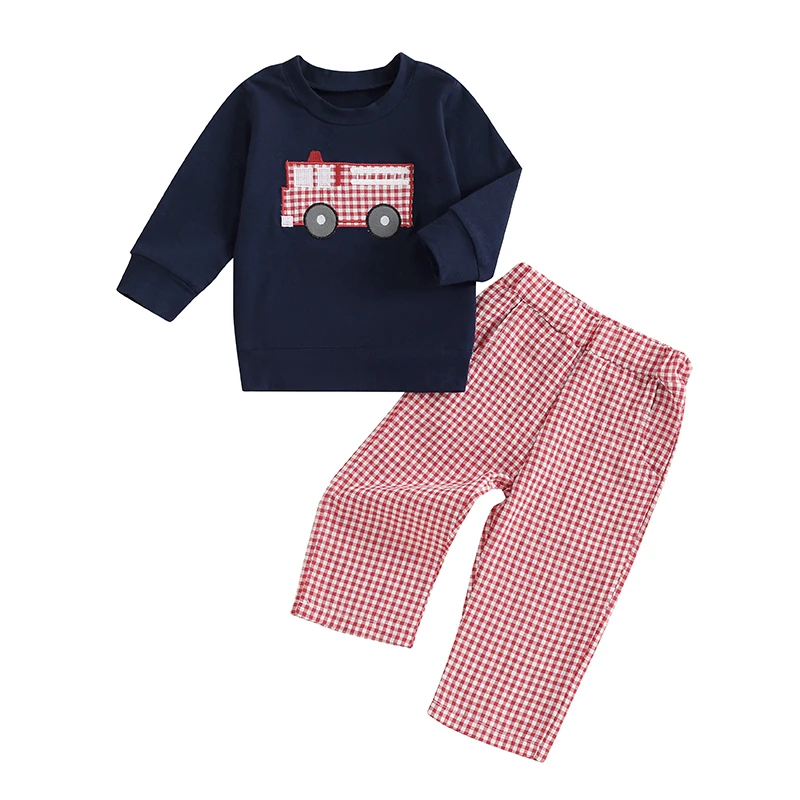 Toddler Baby Boys Fall Outfit Appliqued Ladder Truck Sweatshirt Top Red Gingham Pants Fire Truck Baby Outfit