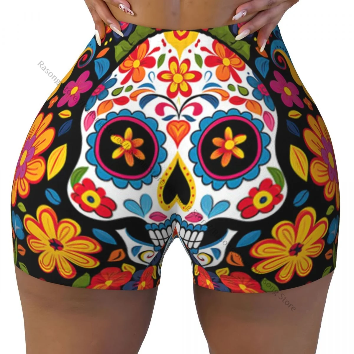 Spandex Yoga Shorts for Women Day Of The Dead Skull Pattern Workout Booty Shorts