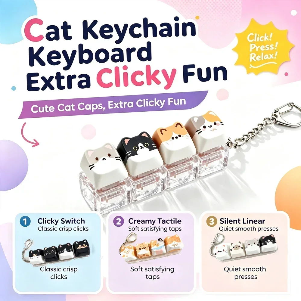 2026 Cat Relax Button Keycap, Kawaii Cat 4-Key Keyboard Fidget Toy for Friends Gift, Portable Fidget Keychain Fashion Bag Charm