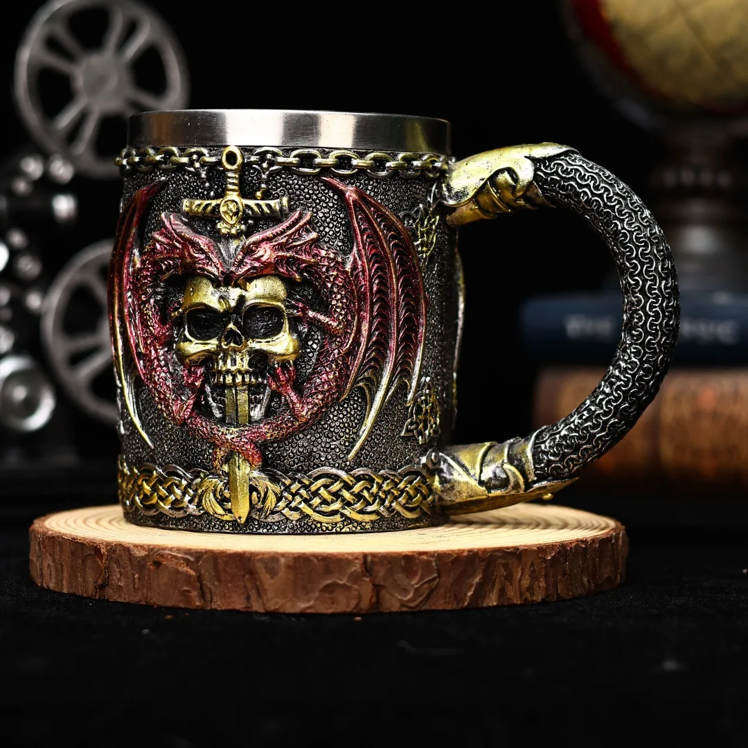 

Creative Vintage Skull Beer Mug, 3D Relief Resin Stainless Steel Unique Fun Drinkware. Handcrafted.