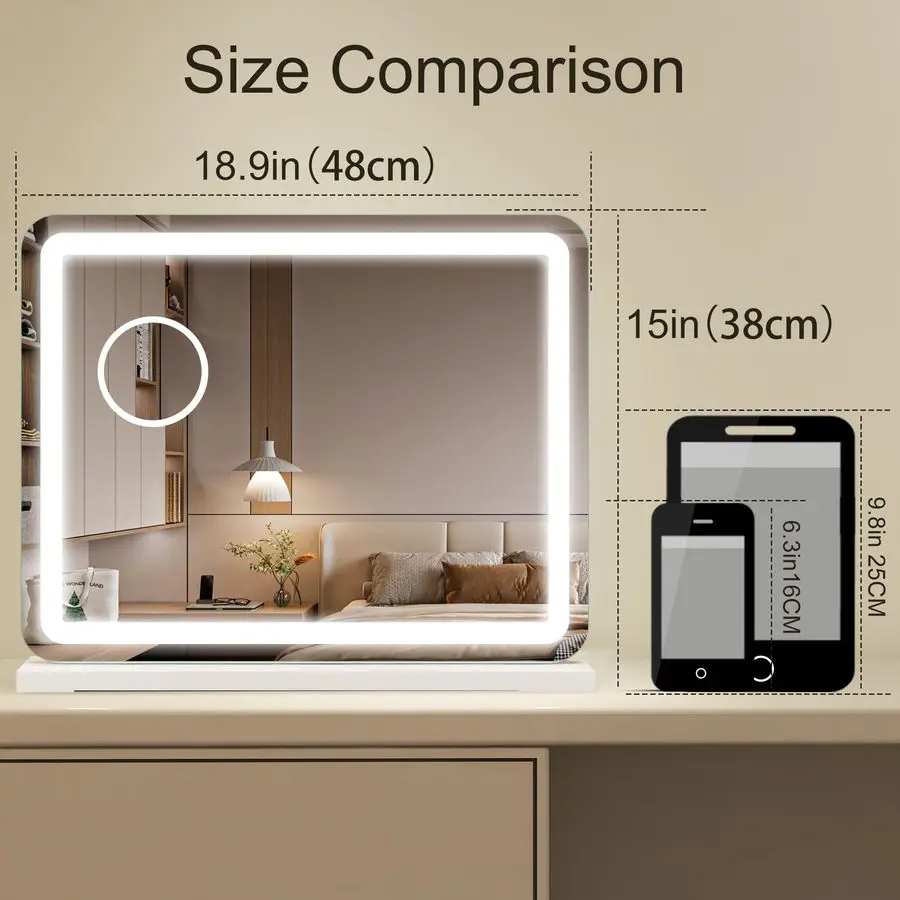 مرآة مكياج مقاس 19 × 14 مع أضواء وتكبير 10 مرات، وإضاءة LED قابلة للتعتيم بثلاثة ألوان وتحكم باللمس، ومنفذ شحن USB لـ T #2