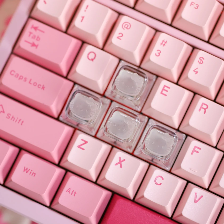 4pcs Transparent Hello Kitty Keycaps for Cherry Mx Switch Mechanical Gamer Keyboard Cute Backlit RGB Keycap Pink WASD Key Caps
