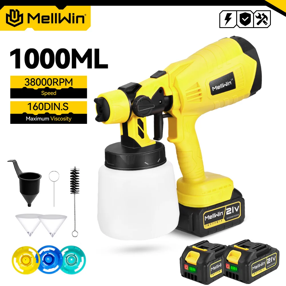 Pistola a spruzzo elettrica MELLWIN 1000ML, spruzzatore senza fili per uso domestico, pistola a spruzzo HVLP per auto, mobili, acciaio, uso domestico, compatibile con batteria Makita 18V