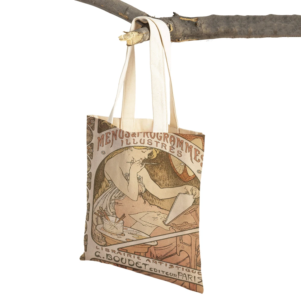 Alphonse Mucha Canvas Painting Japanese Shopper Bag Vintage Europe Abstract Casual Handbag Fashion Women Shopping Bags