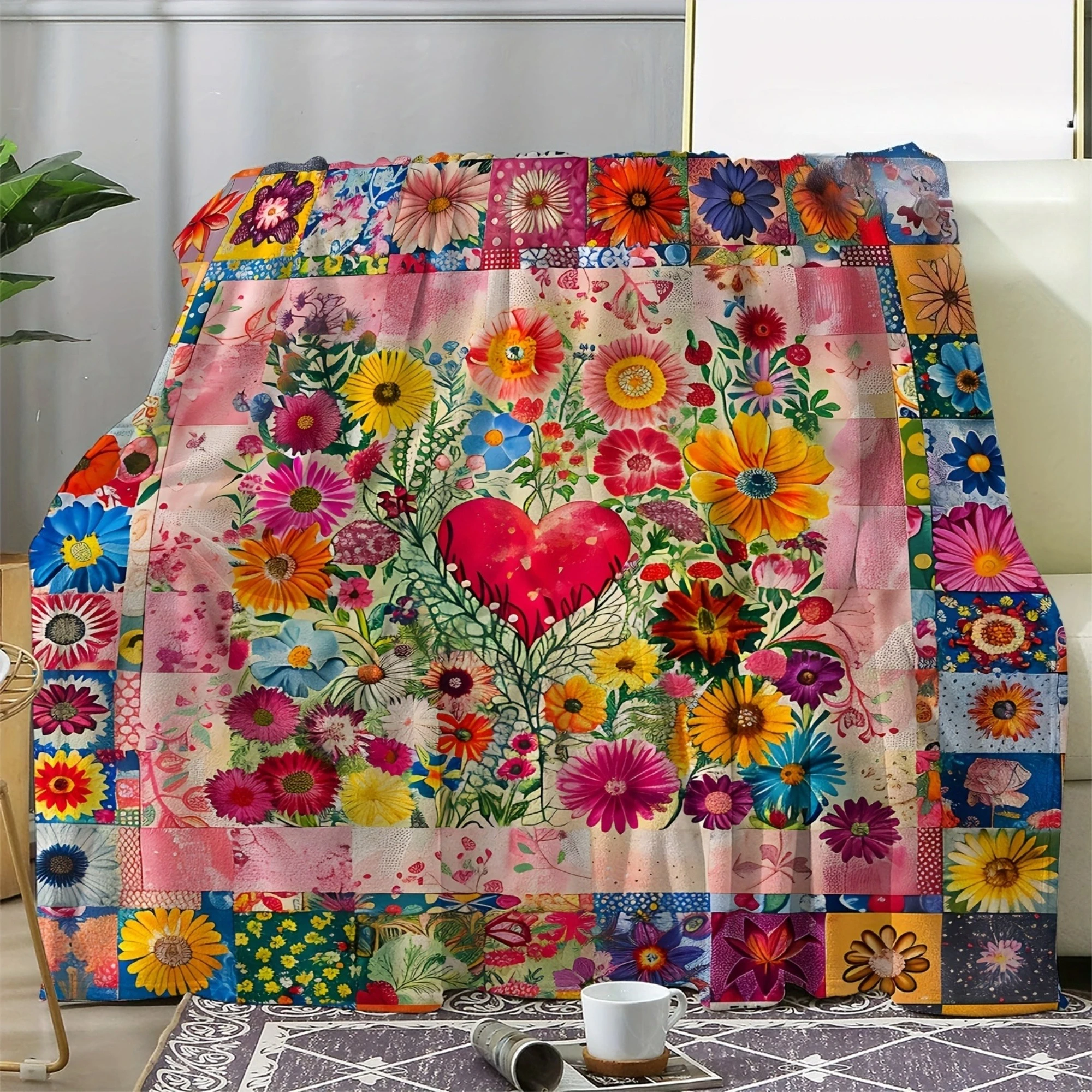 Colorful Floral Heart Throw Blanket  Patchwork Style Wildflower Bouquet Vintage Quilt Art Decor for Sofa Bedroom Couch