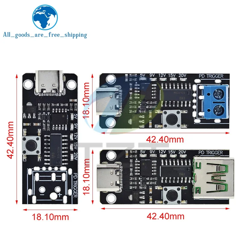 TZT-USB Type-C Fast Charge Trigger Board Módulo, Boost Power Module, PD, QC, Decoy, 100W, 5A, 2.0, 3.0