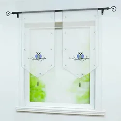 Owl Design Coffee Tulle Kitchen Half Curtain Window Balcony Rome Stitching Colors Voile Sheer Drape White Yarn Short Curtains