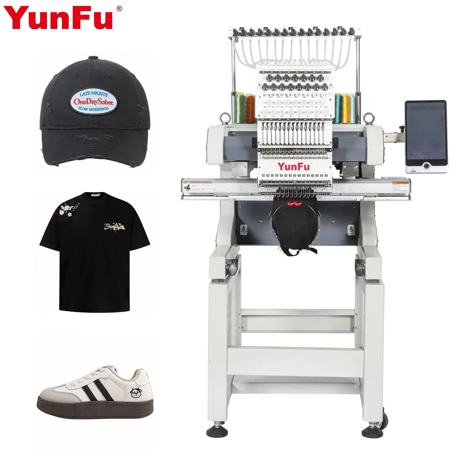 Portable Single Head 12 Needles Smart Touch Screen Auto Thread Break Detection Flat Cap Shirt Commercial Embroidery Machine