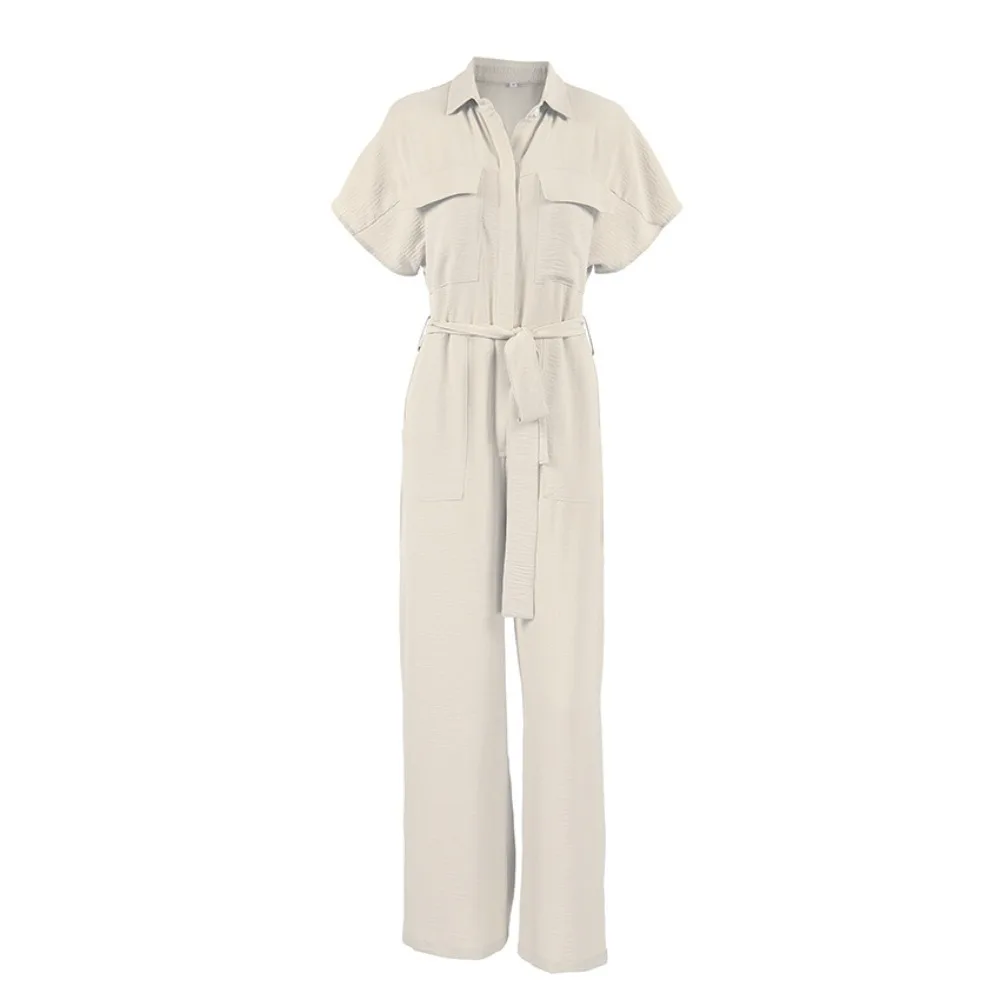 TWOTWINSTYLE – combinaison kaki légère pour femmes, décontractée, revers, manches courtes, taille haute, jambes larges, avec lacets