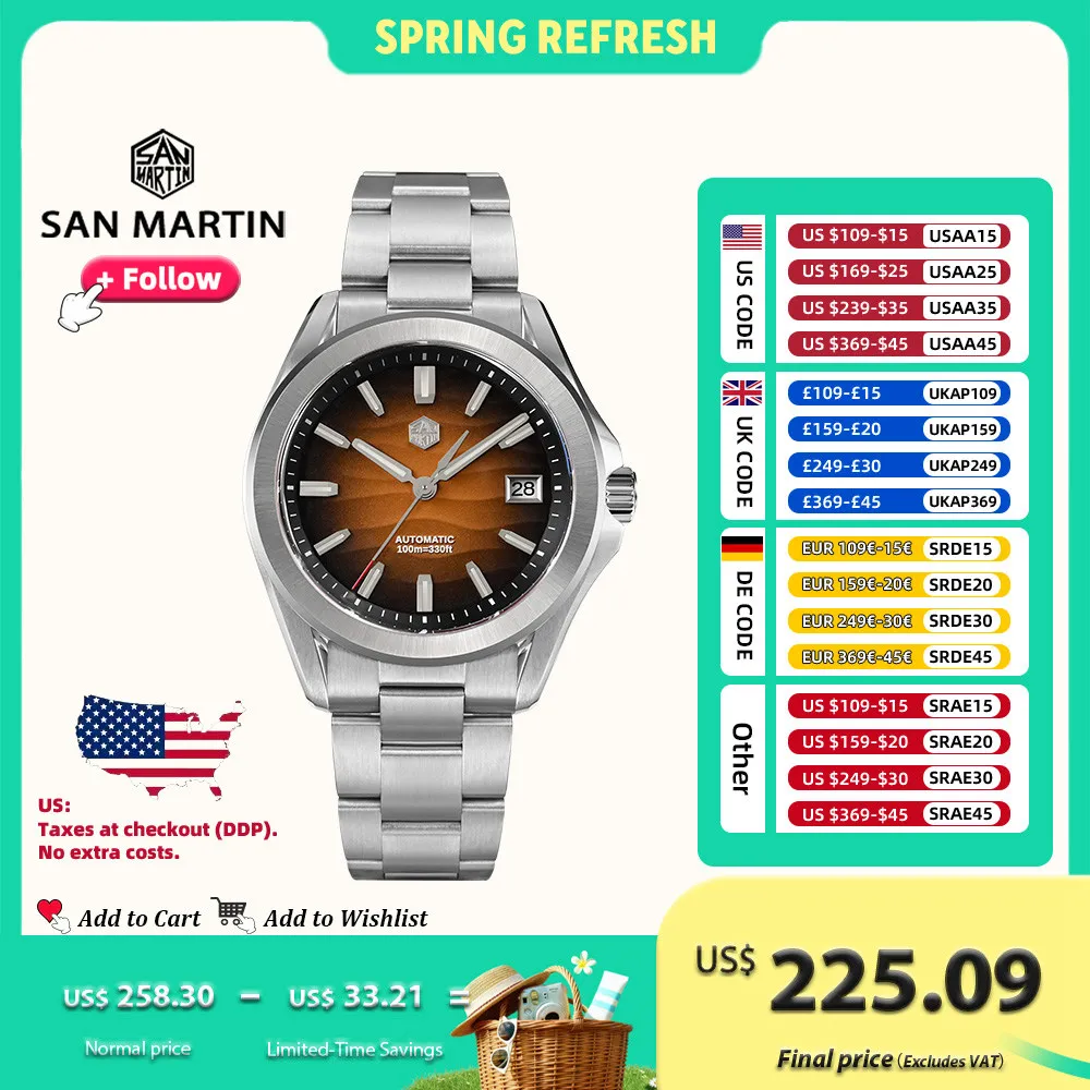 

San Martin Luxury Sports style Dune Texture Dial Automatic Mechanical Watch for Men Sapphire Waterproof 10Bar Luminous SN0129G